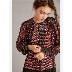 Blank London Anthropologie Red Black Diamond Print Velvet Sequin Blouson Blouse